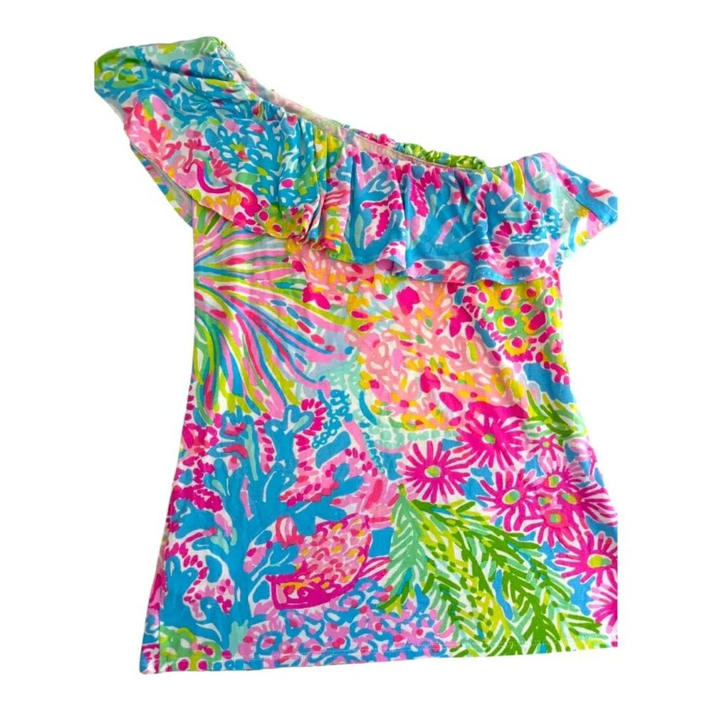 Lilly Pulitzer Neveah Vibrant Pink Blue Green Floral One Shoulder Top XXSmall - Picture 4 of 8